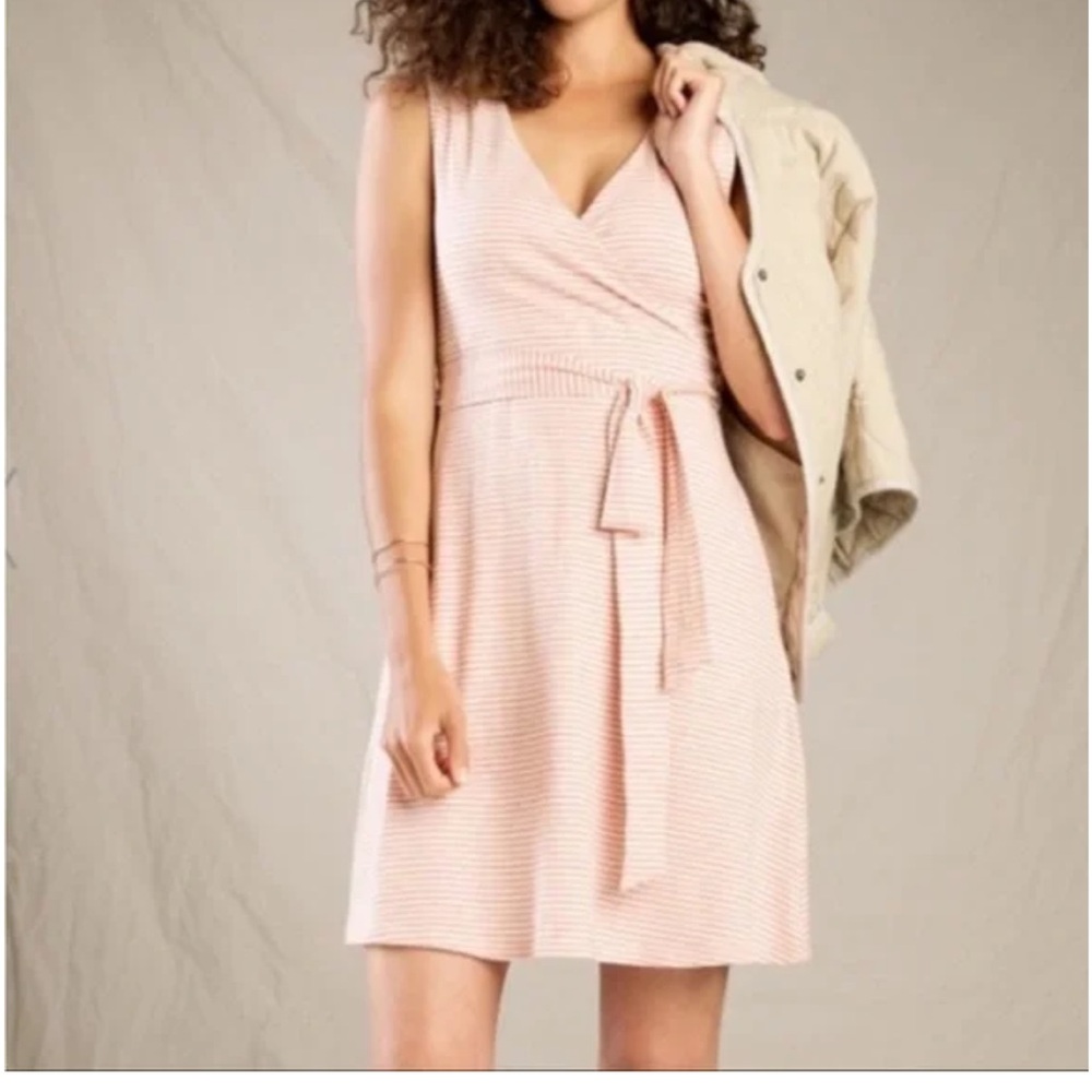 Toad & Co Medium Side Tie Dress. The stripes are a coral pink on ivory.